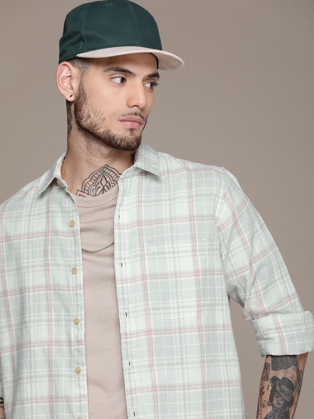 WROGN Pure Cotton Slim Fit Opaque Checked Casual Shirt-picture-13