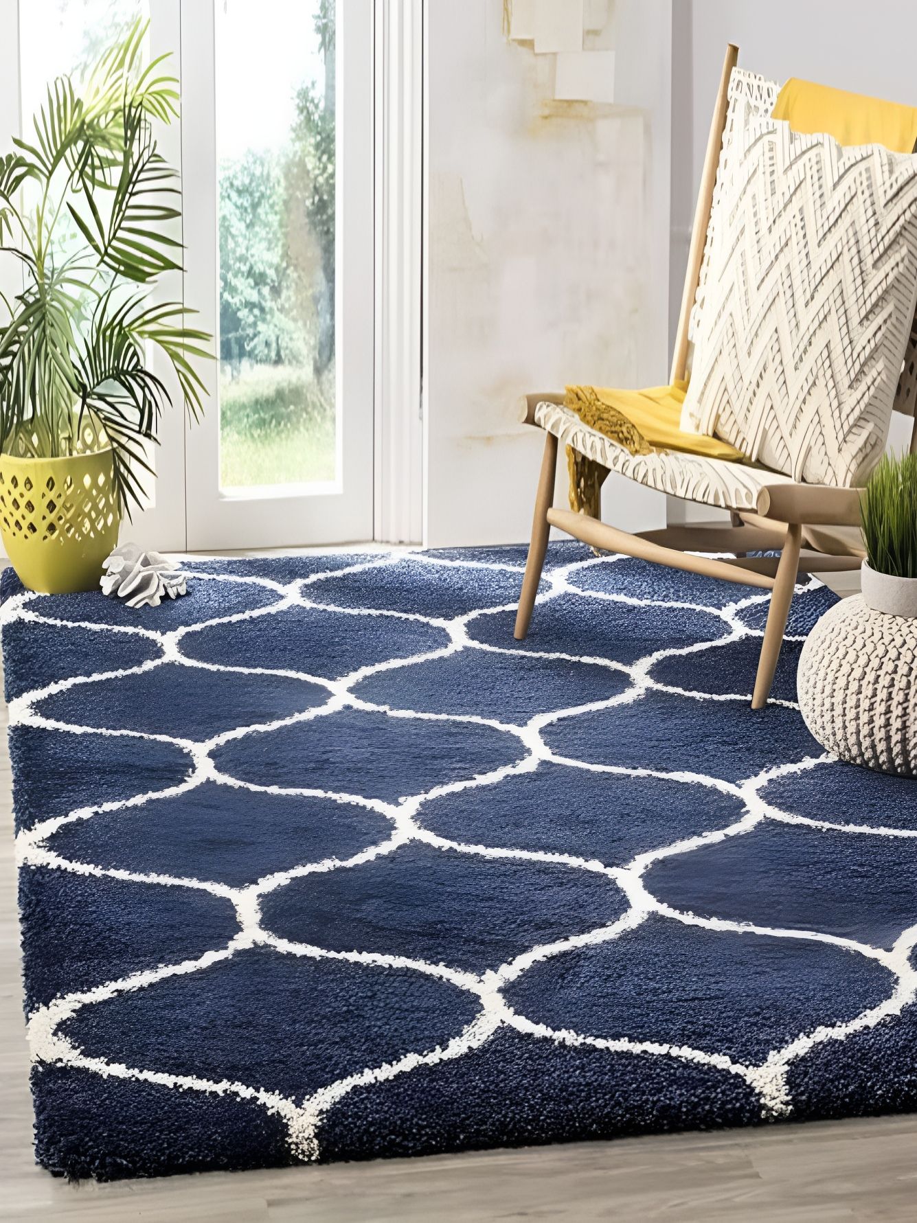 Shopgallery Blue & White Geometric Anti-Skid Shaggy Carpet