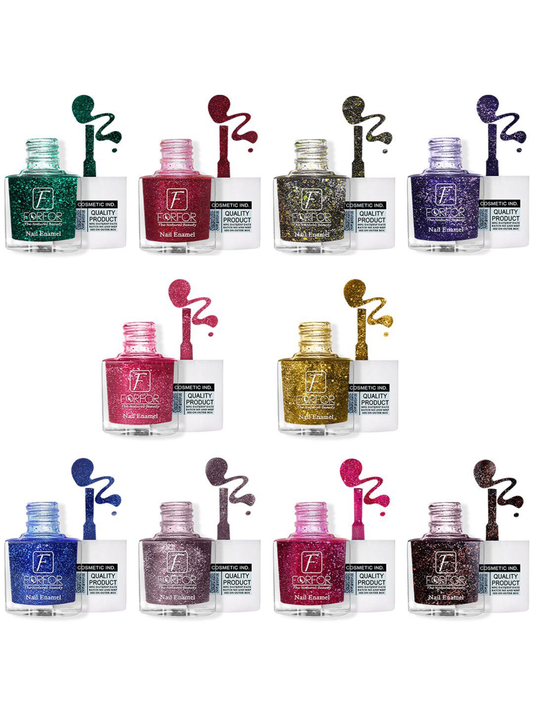 FORFOR Glitter Set Of 10 Nail Polish-5ml Each-90-91-92-93-94-95-96-98-99-100-image-1