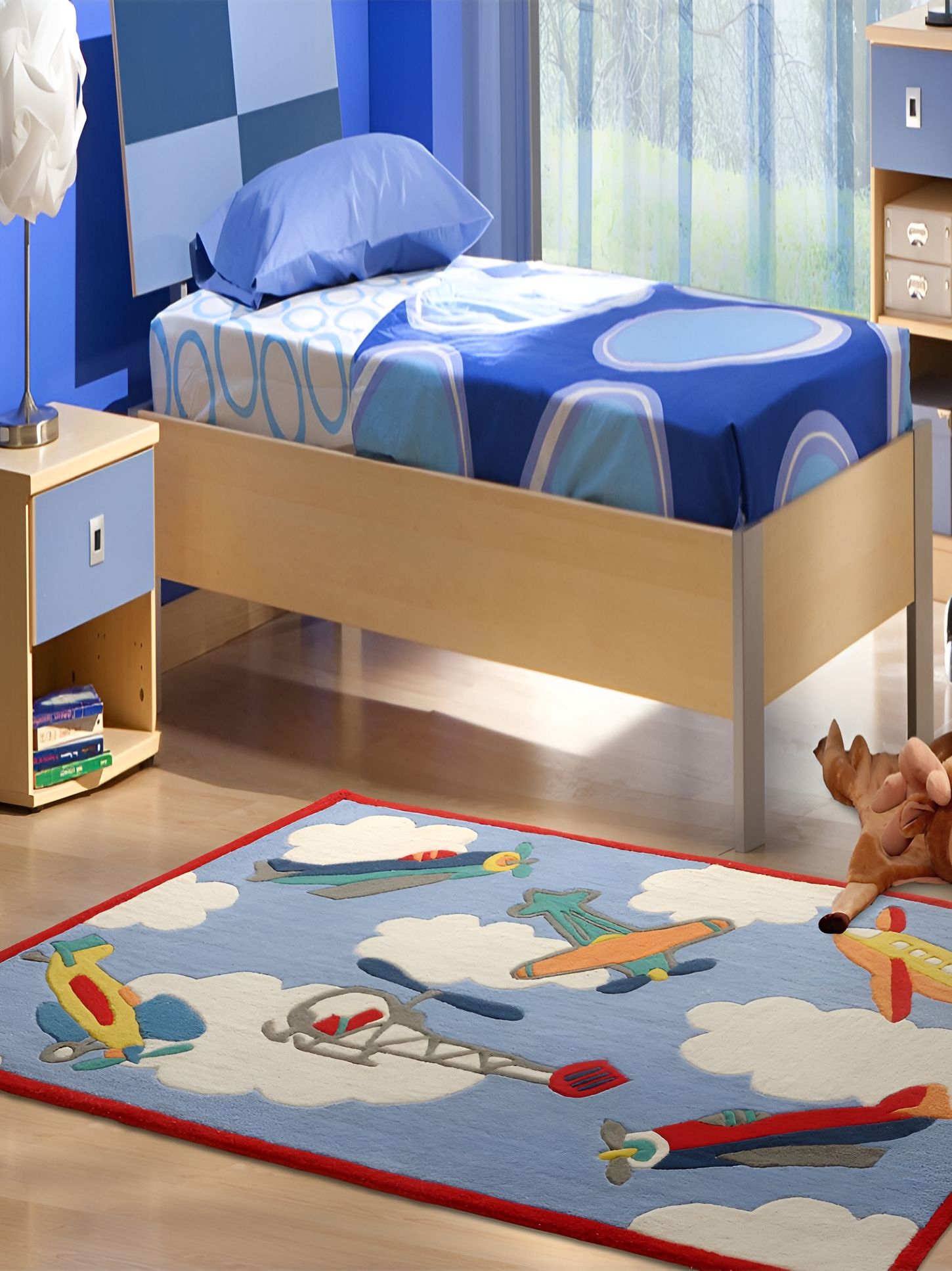 LITTLELOOMS Blue & White Flying Planes Printed Hand-Tufted Rectangular Woollen Carpet-picture-33
