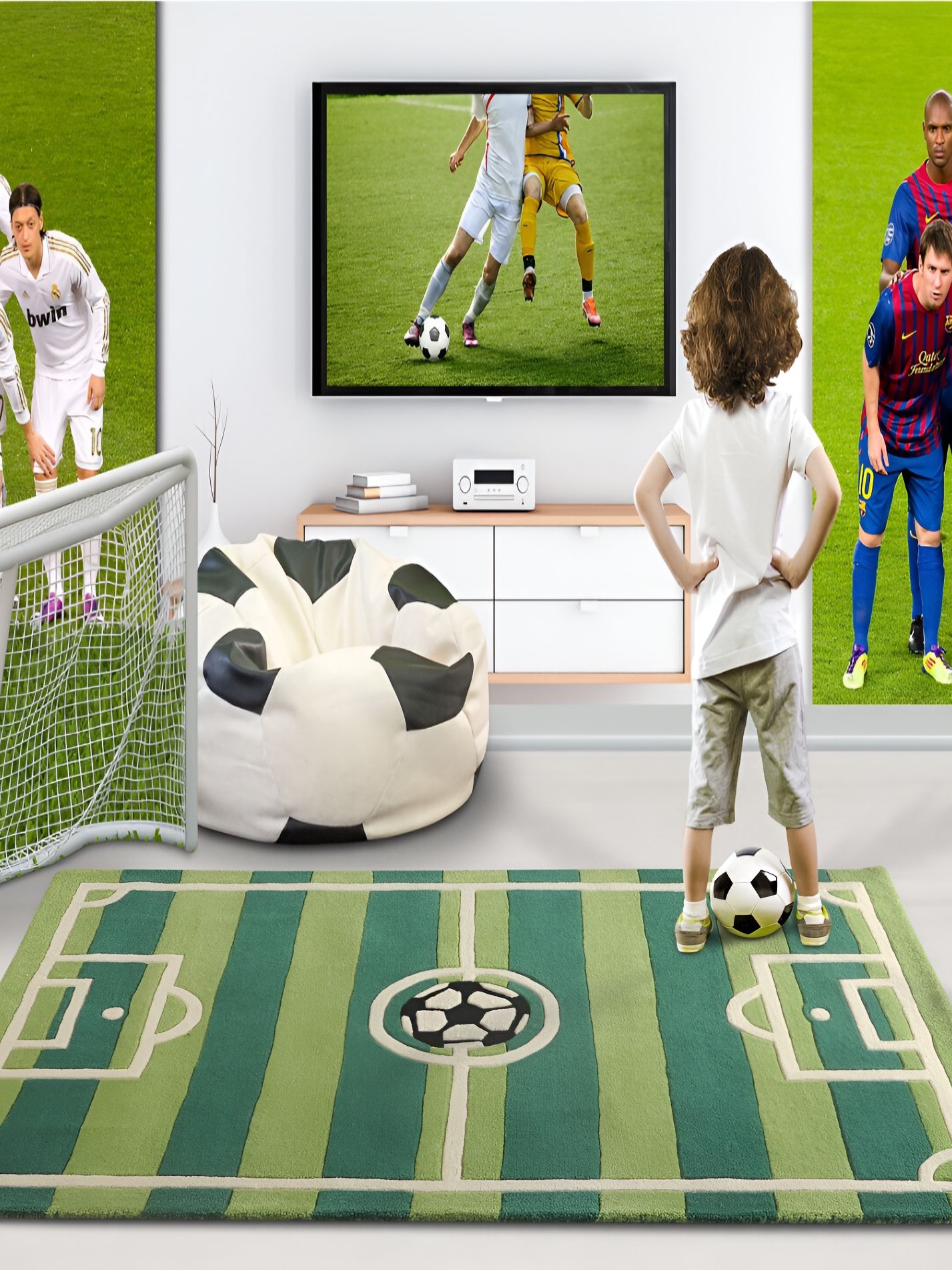 LITTLELOOMS Green & White Soccer Printed Hand-Tufted Rectangullar Woollen Carpet