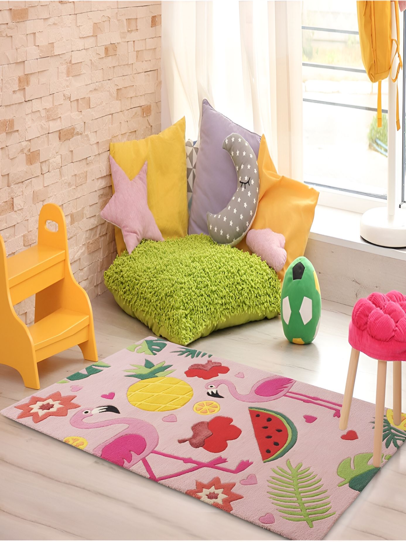 LITTLELOOMS Pink & Green Tropical flamingo Hand-Tufted Rectangular Woollen Carpet-image-17