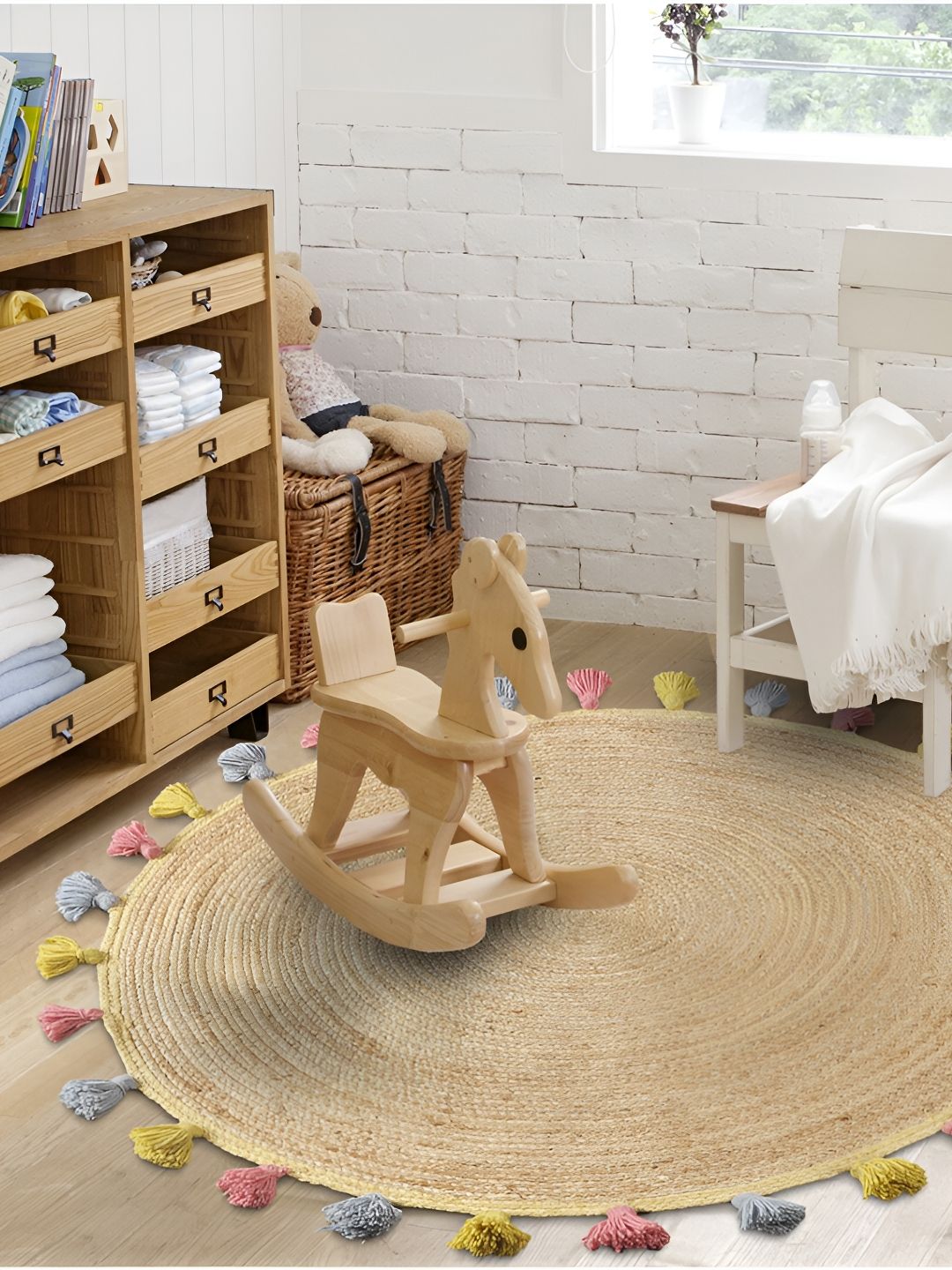 LITTLELOOMS Beige & Pink Hand-Tufted Braided Circular Jute Carpet