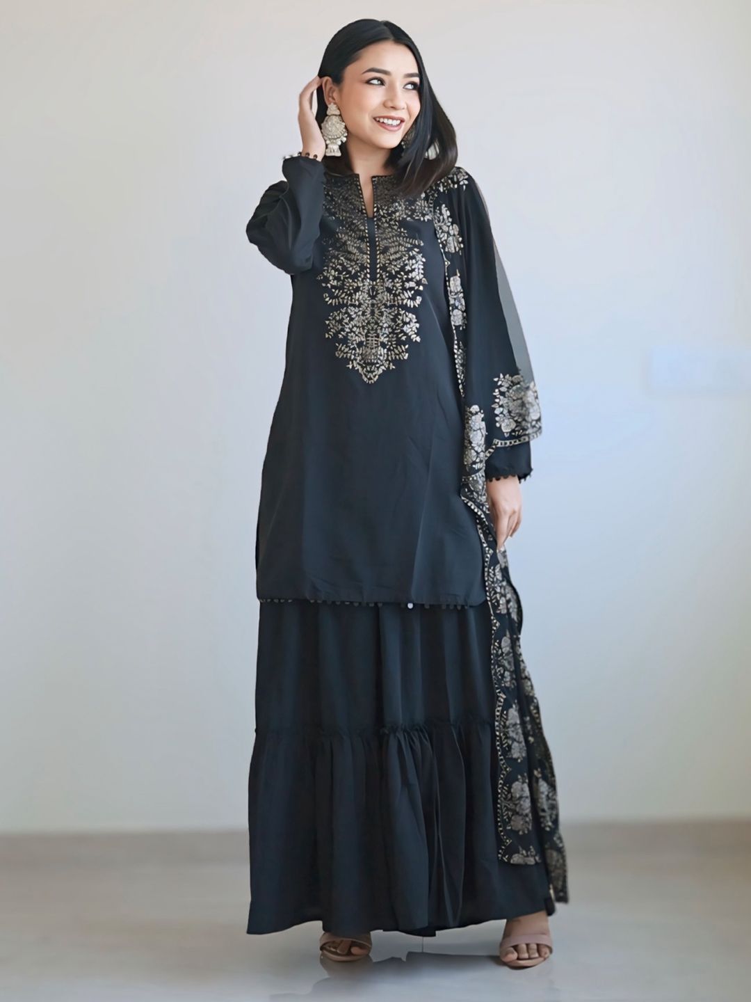 Ahalyaa Ethnic Motifs Zari Notch Neck Regular Sleeves Sharara Set With Dupatta