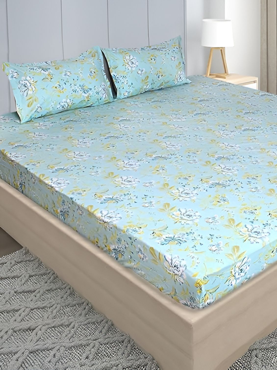 Stylista Blue & Green Printed Cotton 400 TC Fitted Queen Bedsheet With 2 Pillow Covers-picture-21