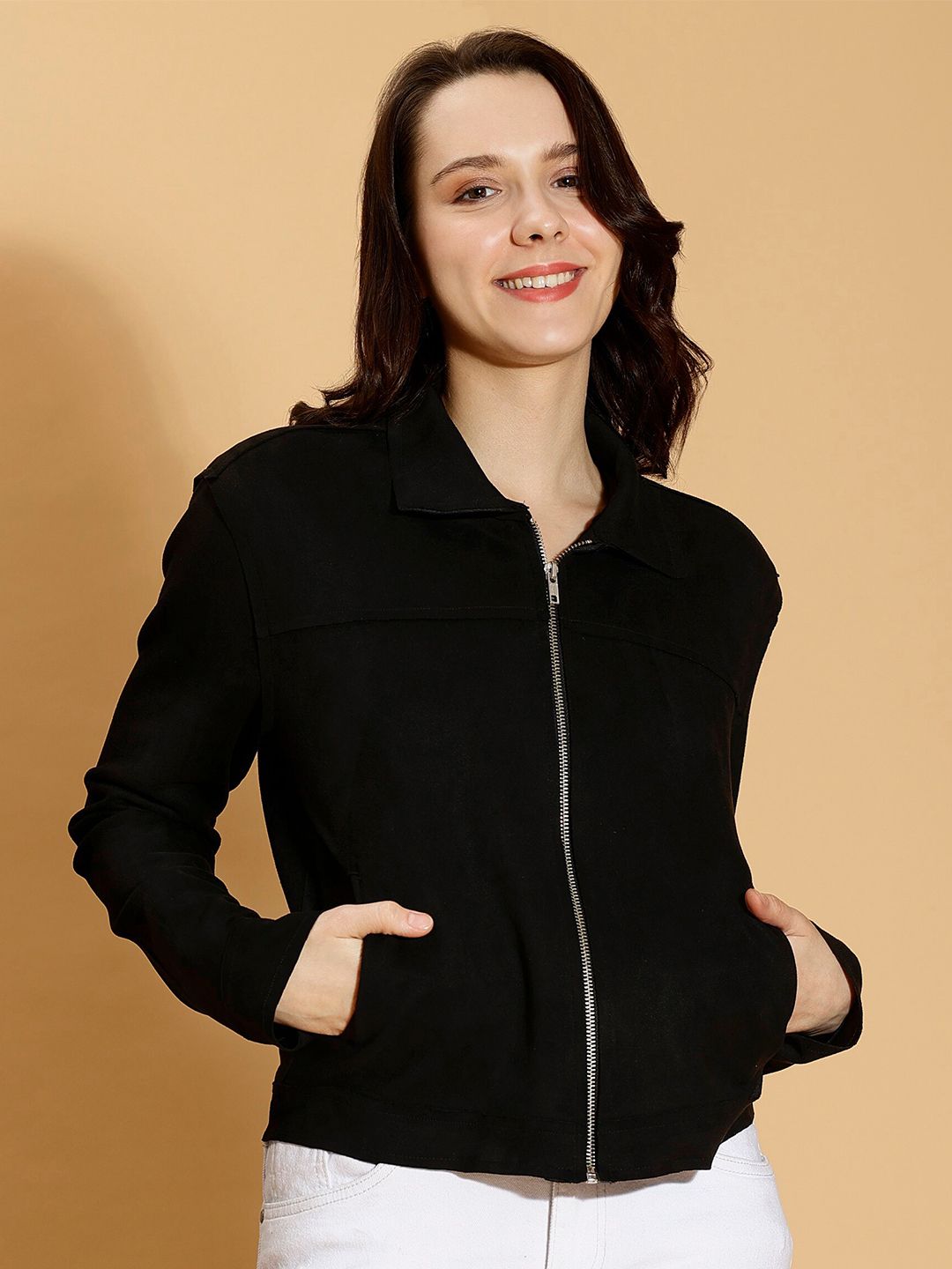 DressBerry Black Mock Collar Crop Bomber Jacket