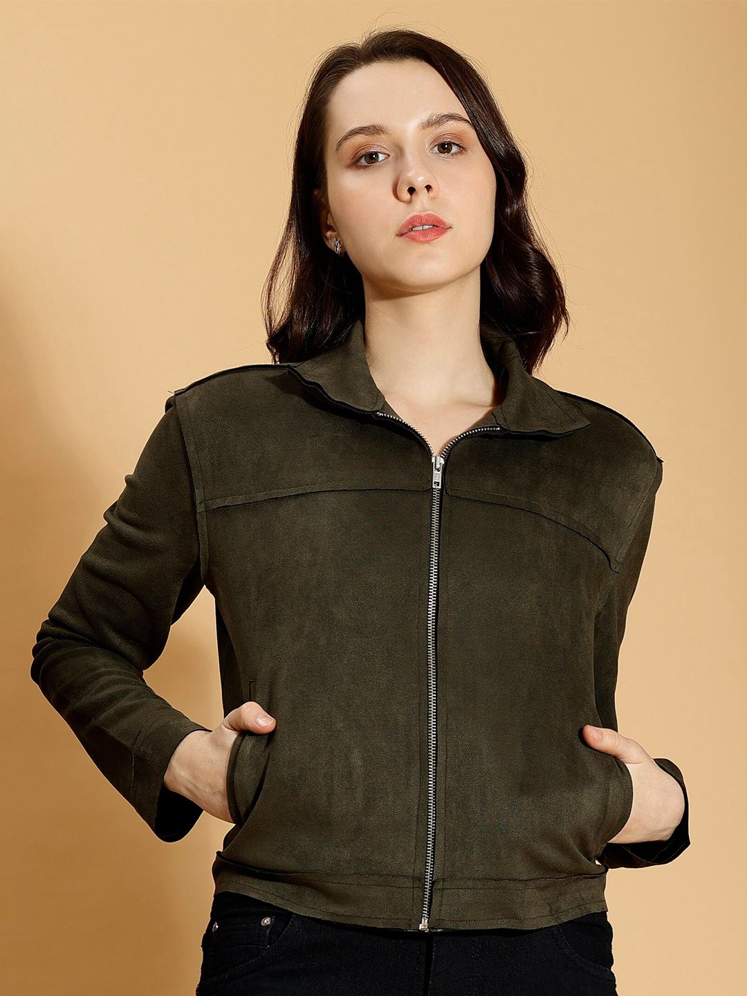 DressBerry Olive Green Mock Collar Crop Bomber Jacket-image-27