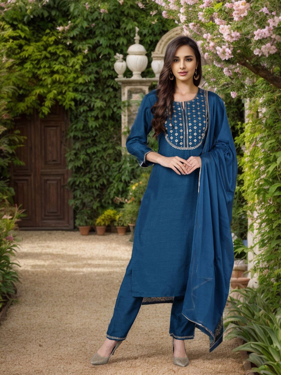 KALINI Floral Yoke Design Straight Kurta With Trousers & Dupatta-picture-19