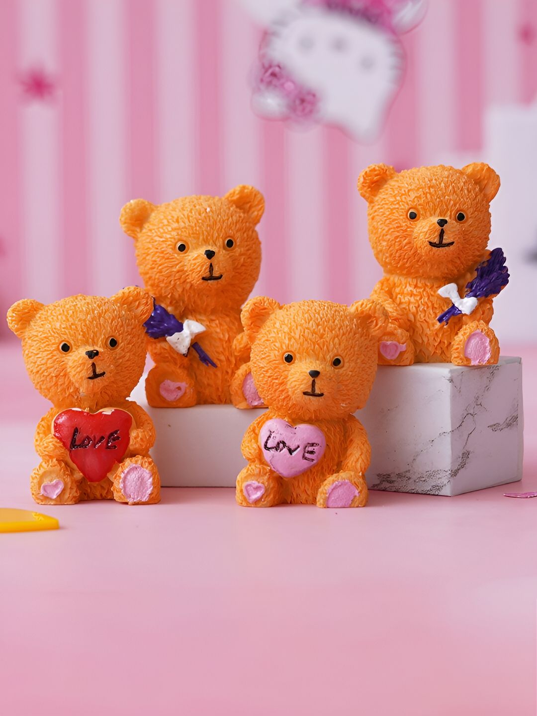 artisyn eCraftIndia Brown 4 Pieces Cute Teddy Bears with Love Heart and Flowers Figurine Showpiece-picture-13