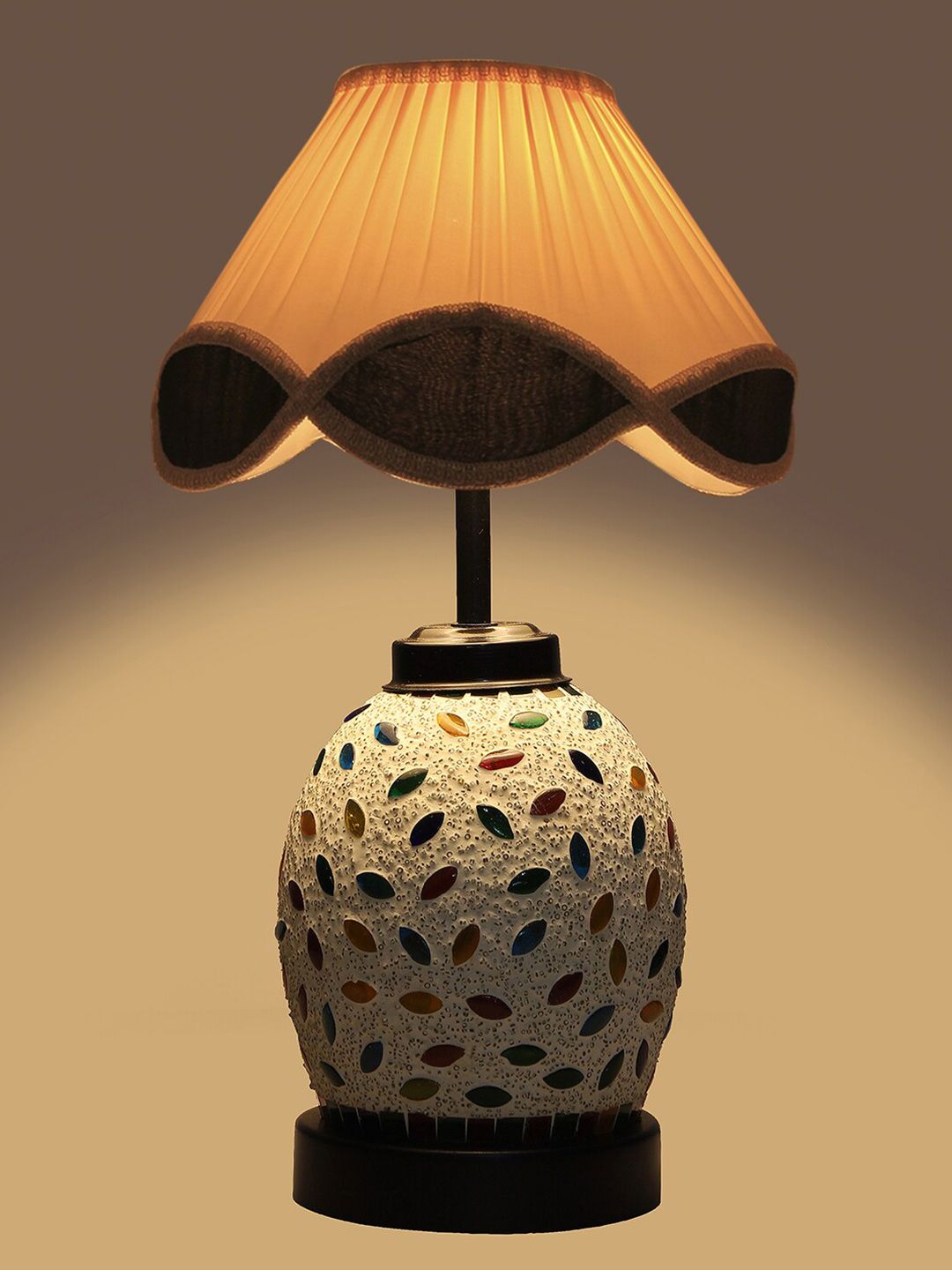 Devansh Off White Textured Cotton Contemporary Frustum Shaped Table Lamp-picture-10