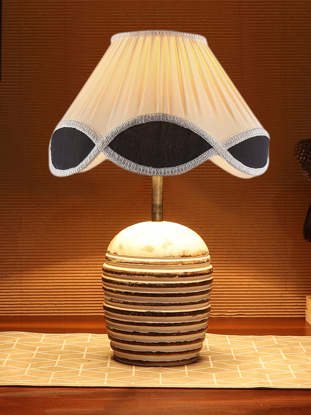 Devansh Off-White and Black Vintage shade with round wooden Brushed Table Lamps-image-16