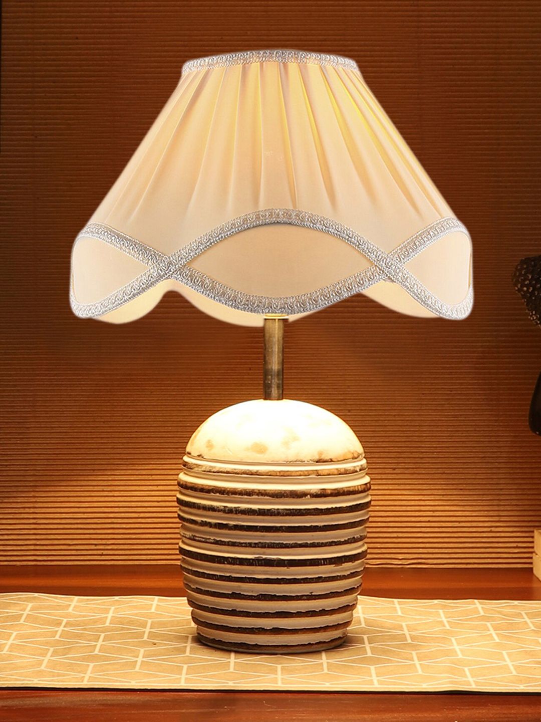 Devansh Off White Textured Wooden  Contemporary Frustum Shaped Table Lamp-image-48