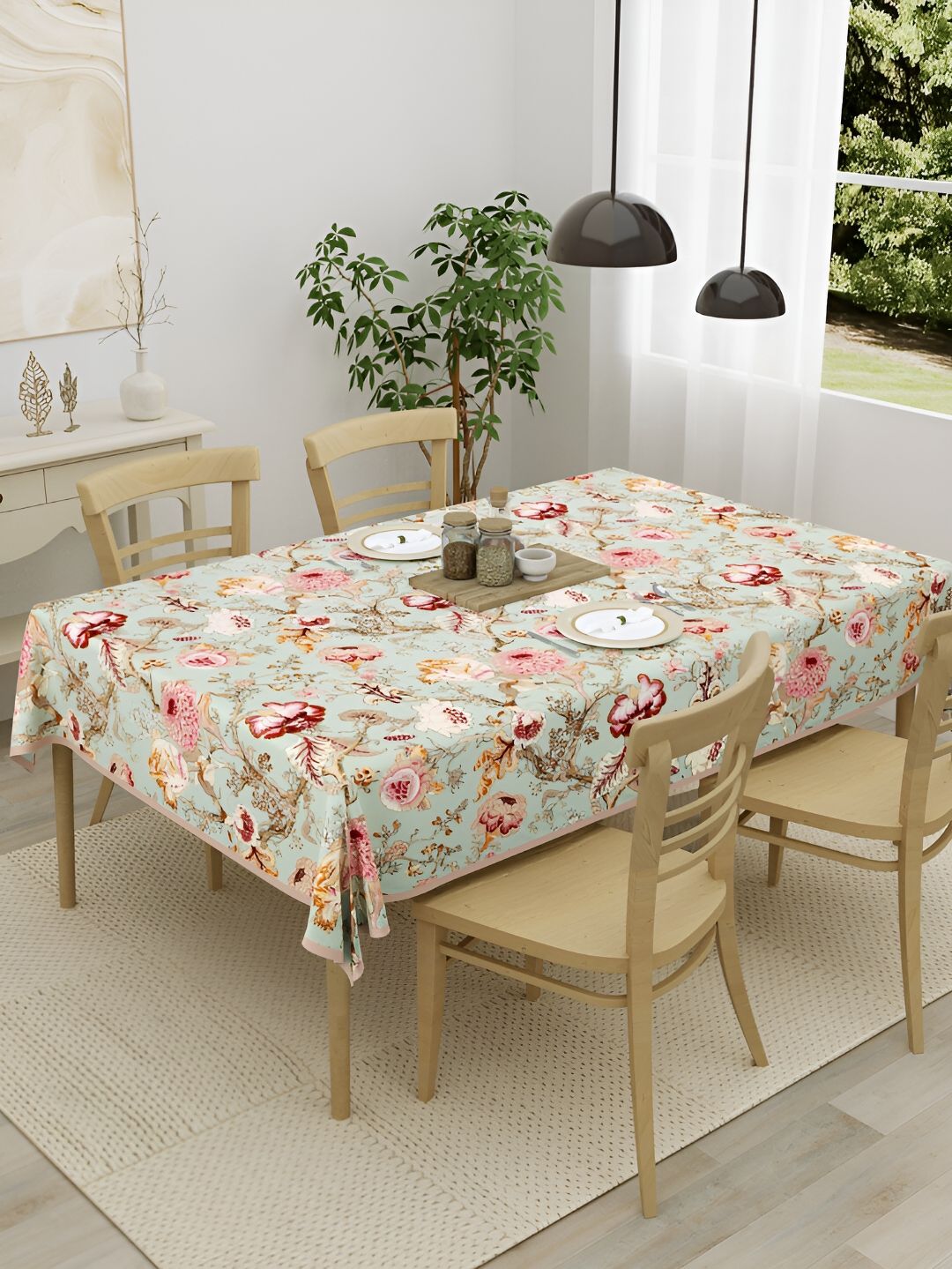 Clasiko Green & Red Floral Cotton 4-Seater Table Cover-image-13