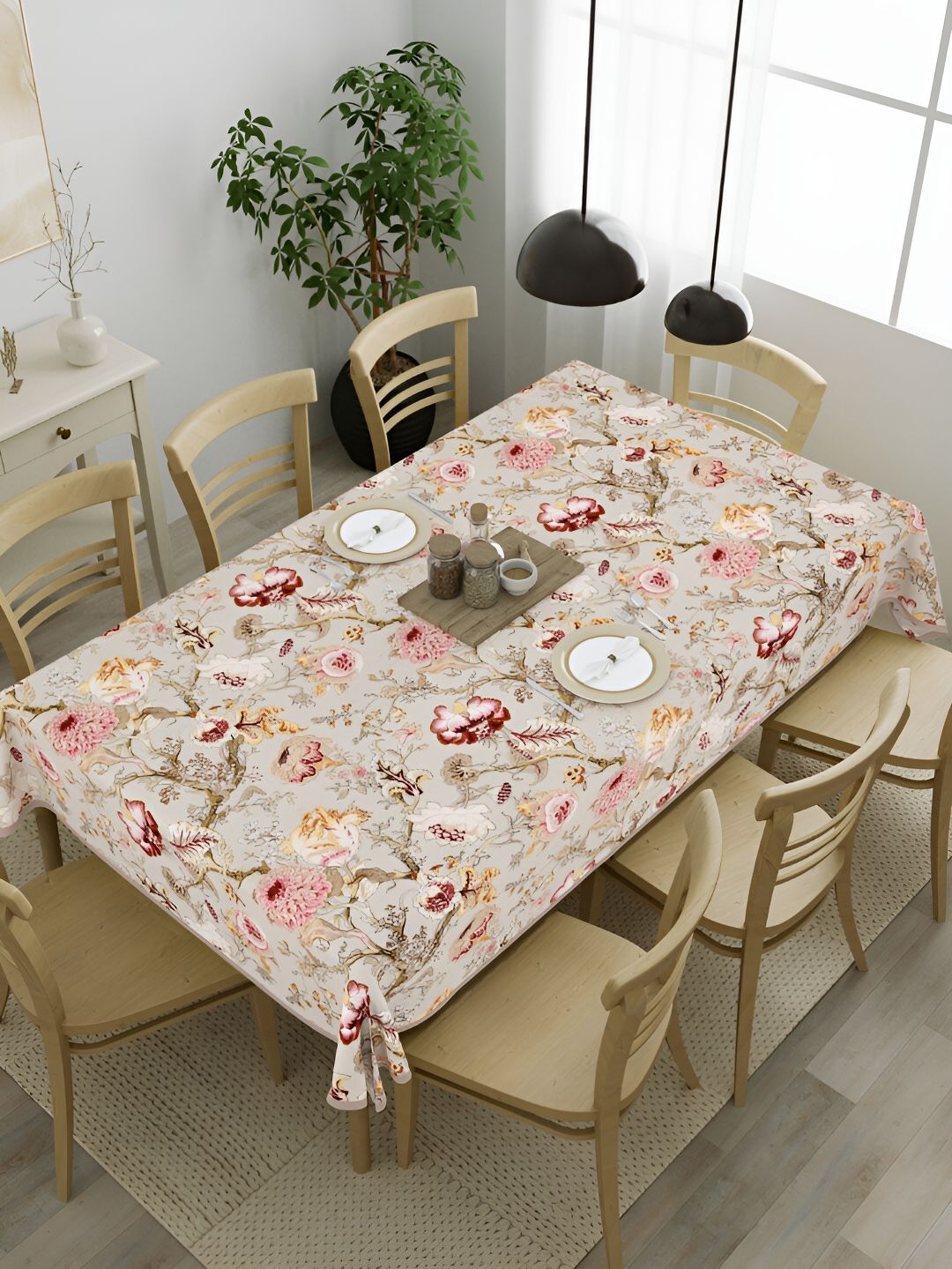 Clasiko White & Green Floral Cotton 8-Seater Table Cover-image-44