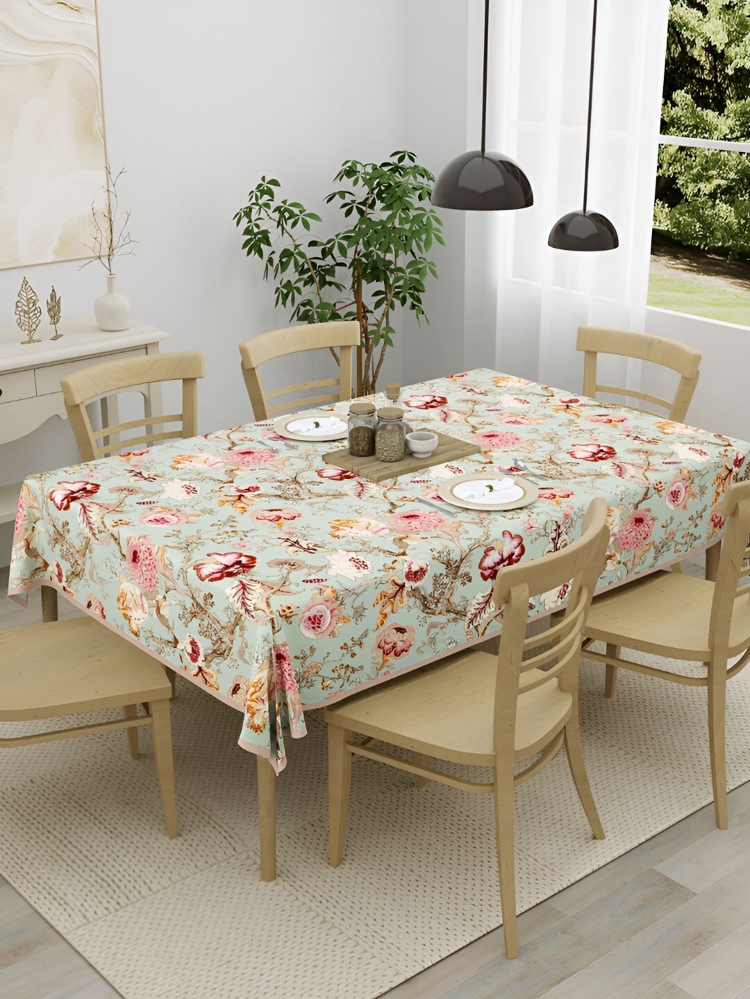 Clasiko Green & Red Floral Cotton 6-Seater Table Cover-image-49