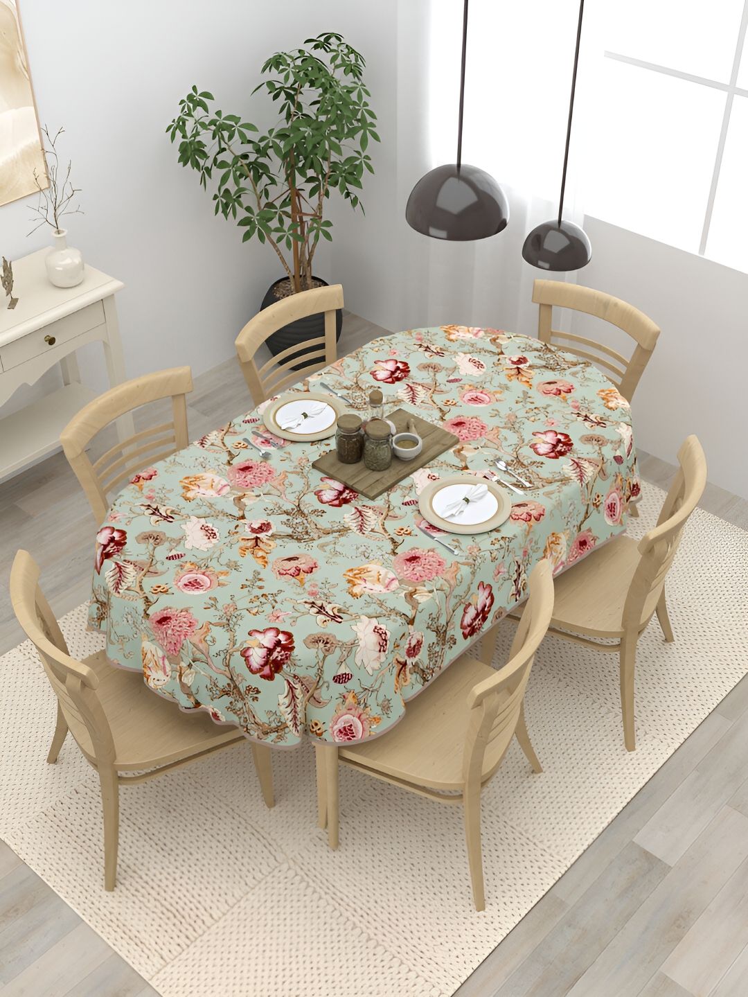 Clasiko Green Floral Cotton Oval 6-Seater Table Cover-image-29