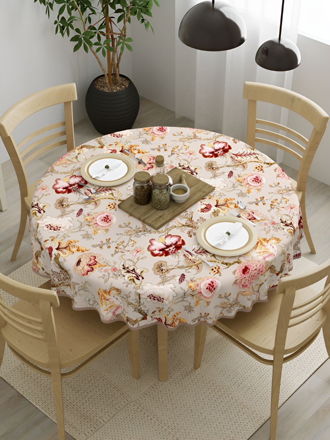 Clasiko Cream & Pink 4-Seater Floral Cotton Round Table Cover-image-43