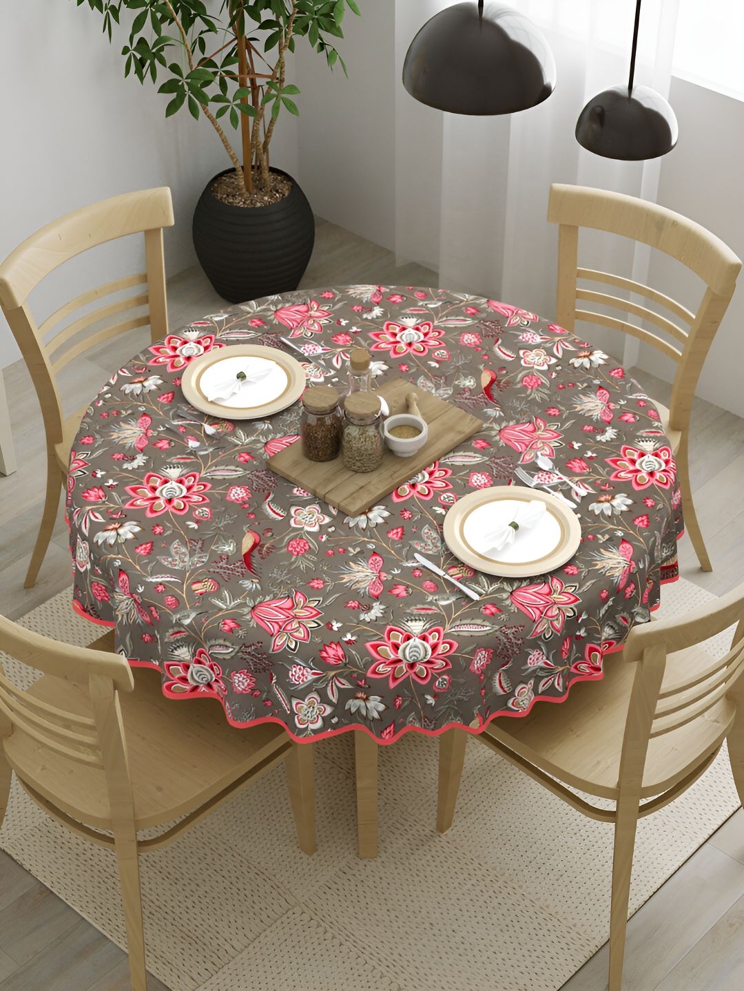 Clasiko Pink Floral Cotton Round 4-Seater Table Cover