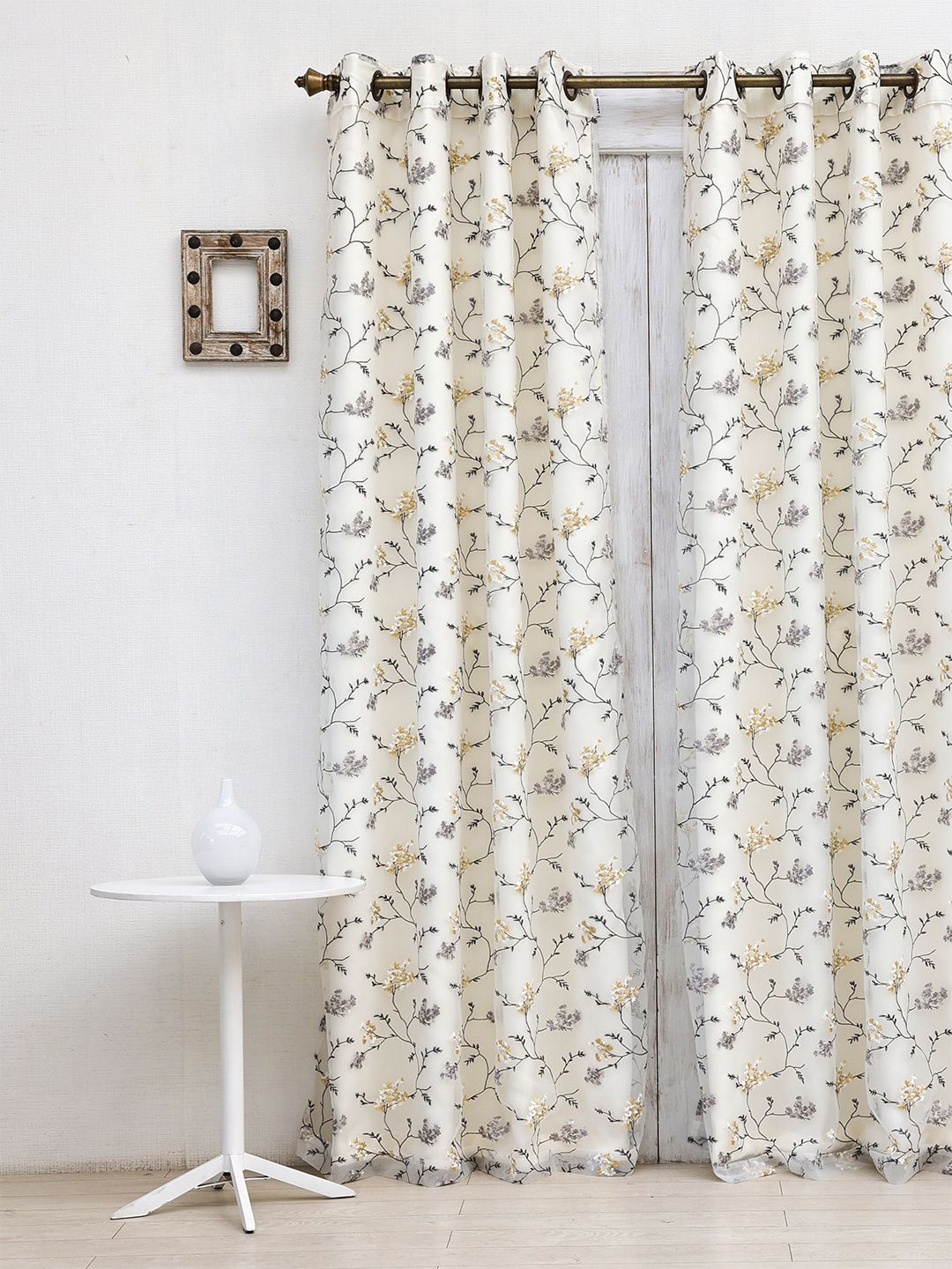 Ariana Grey & White Floral Black Out Long Door Curtain-image-3