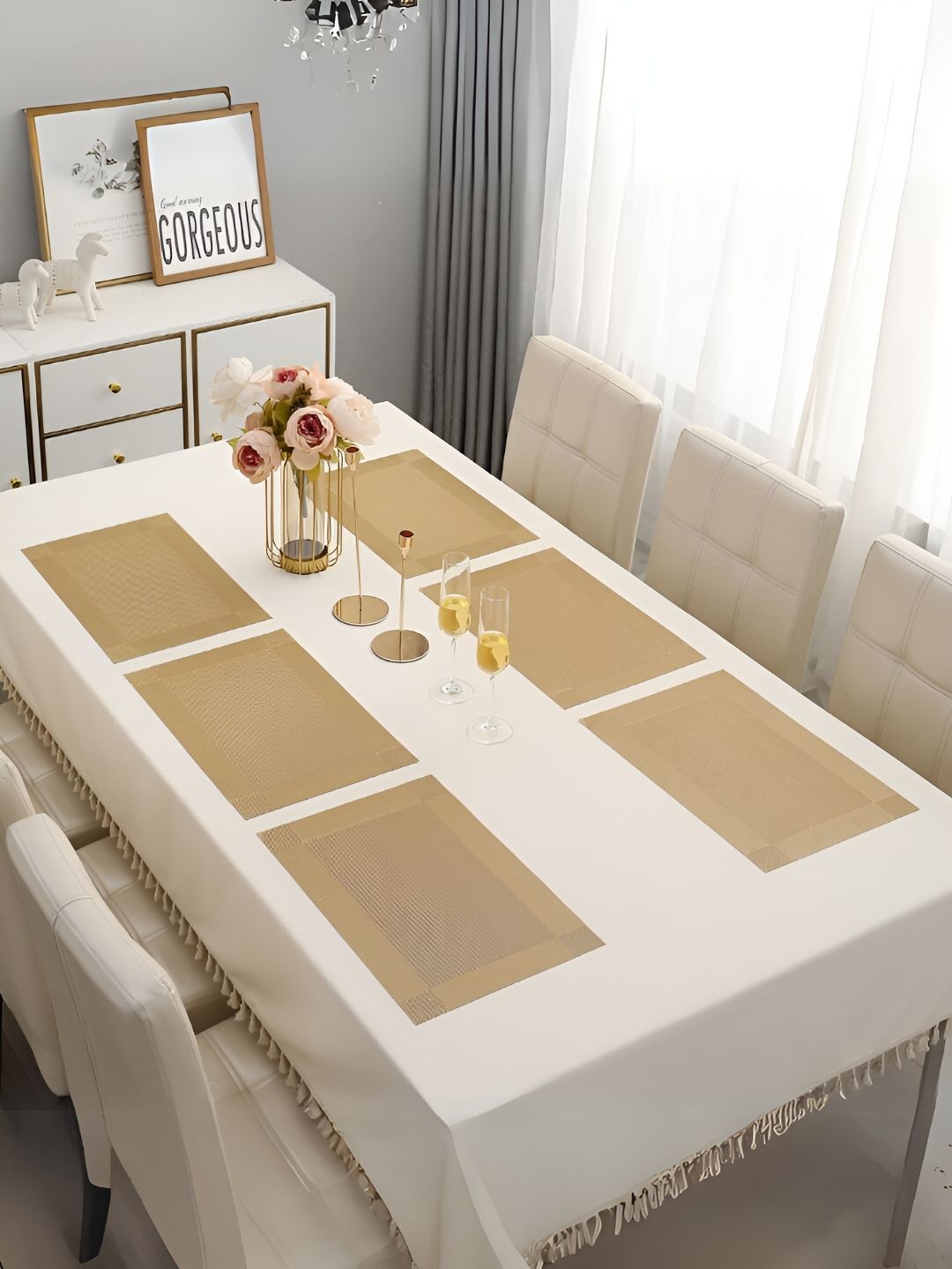 YELONA Gold Toned 6 Pieces Textured Rectangular Table Placemats-picture-33