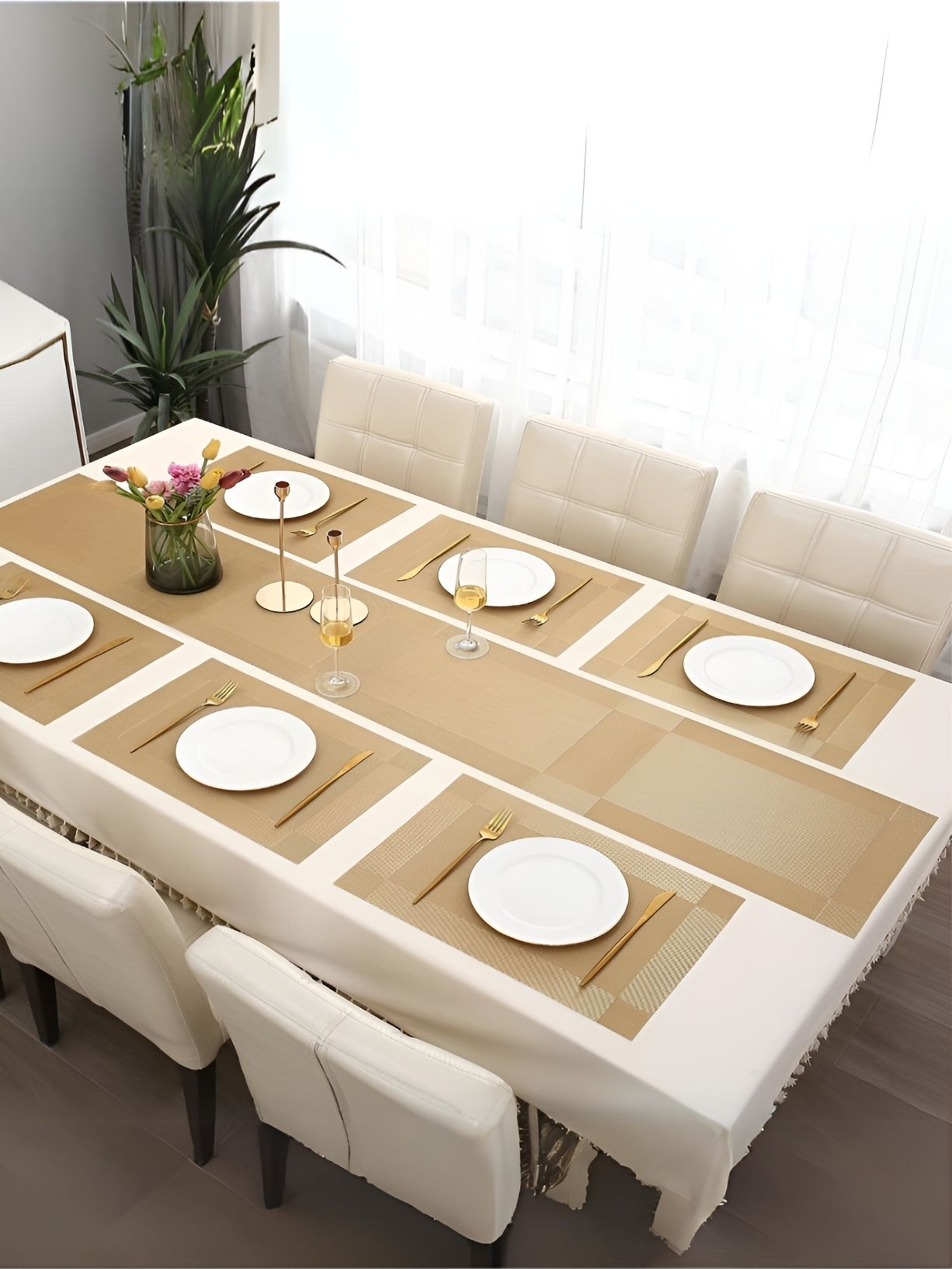 YELONA Gold Toned 7 Pieces Textured Rectangular Table Placemats & Runner-picture-12
