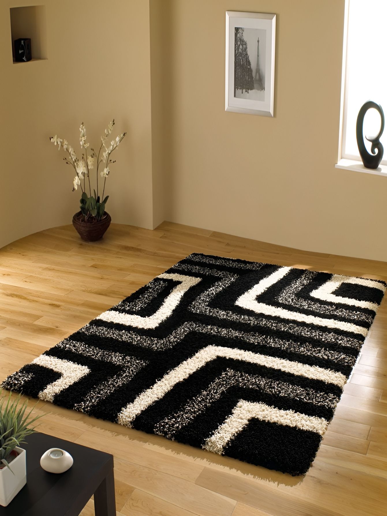Shopgallery White & Black Geometric Anti Skid Shaggy Carpet-picture-16