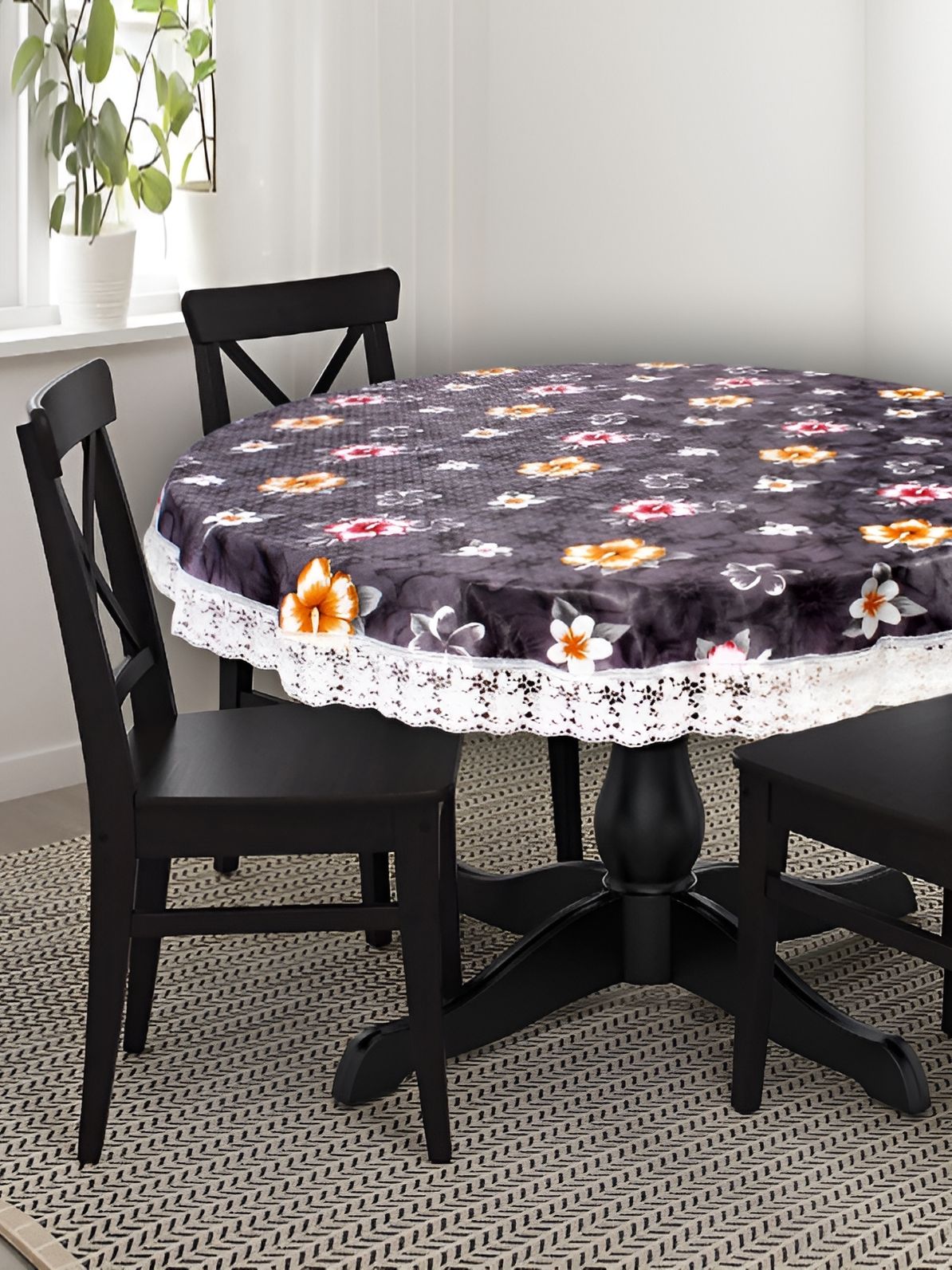 Stylista Grey & Orange Floral Printed Waterproof 2.28 m x 2.28 m Round Table Cover-picture-35