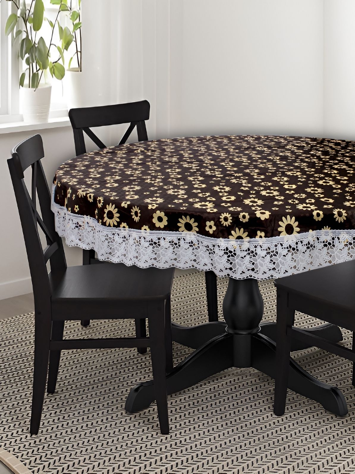 Stylista Brown & Yellow Floral Waterproof Plastic Round 4 Seater Table Cover-picture-35