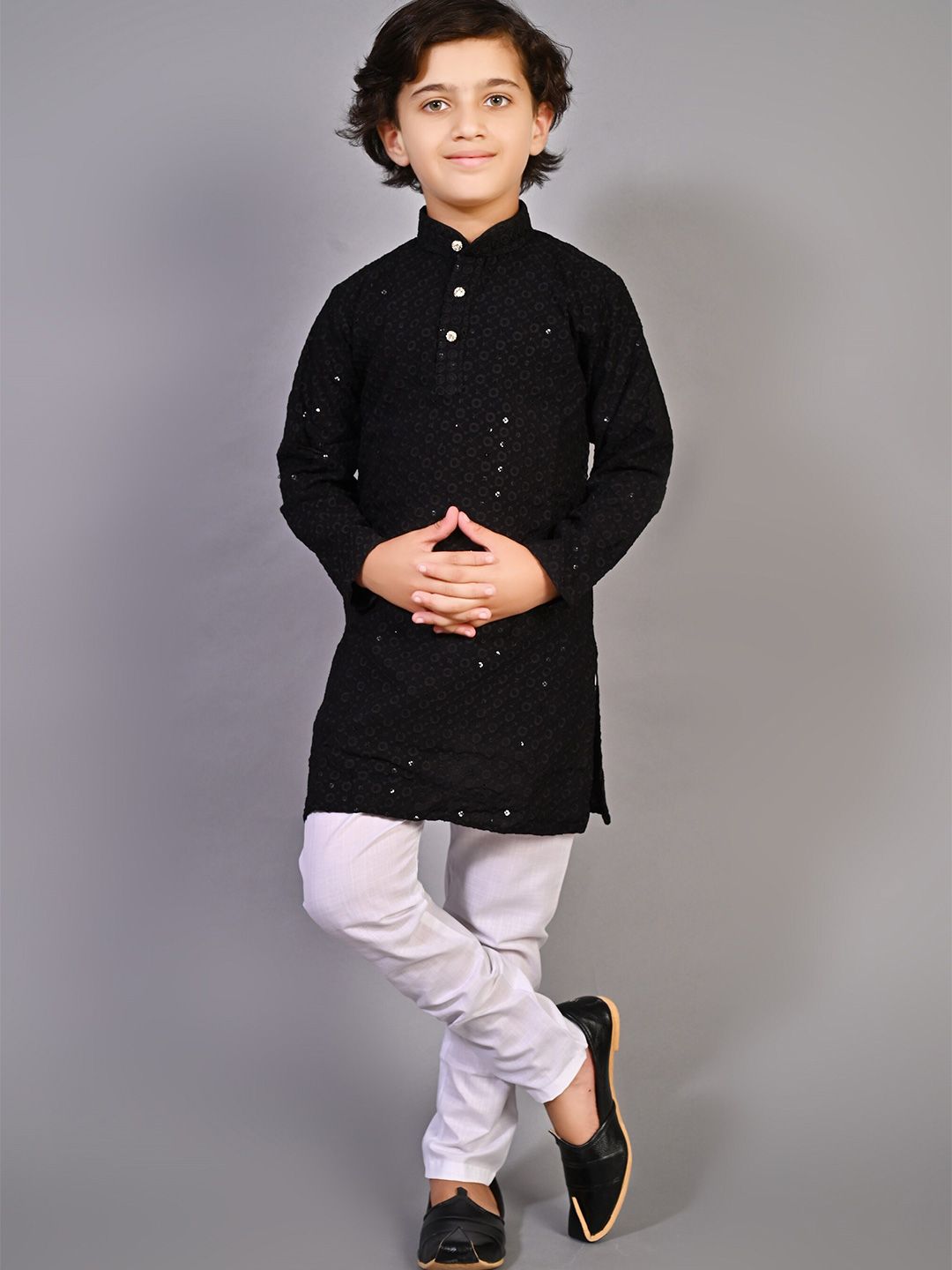 BAESD Boys Embroidered Mandarin Collar Long Sleeves Sequinned Kurta with Pyjamas-image-45