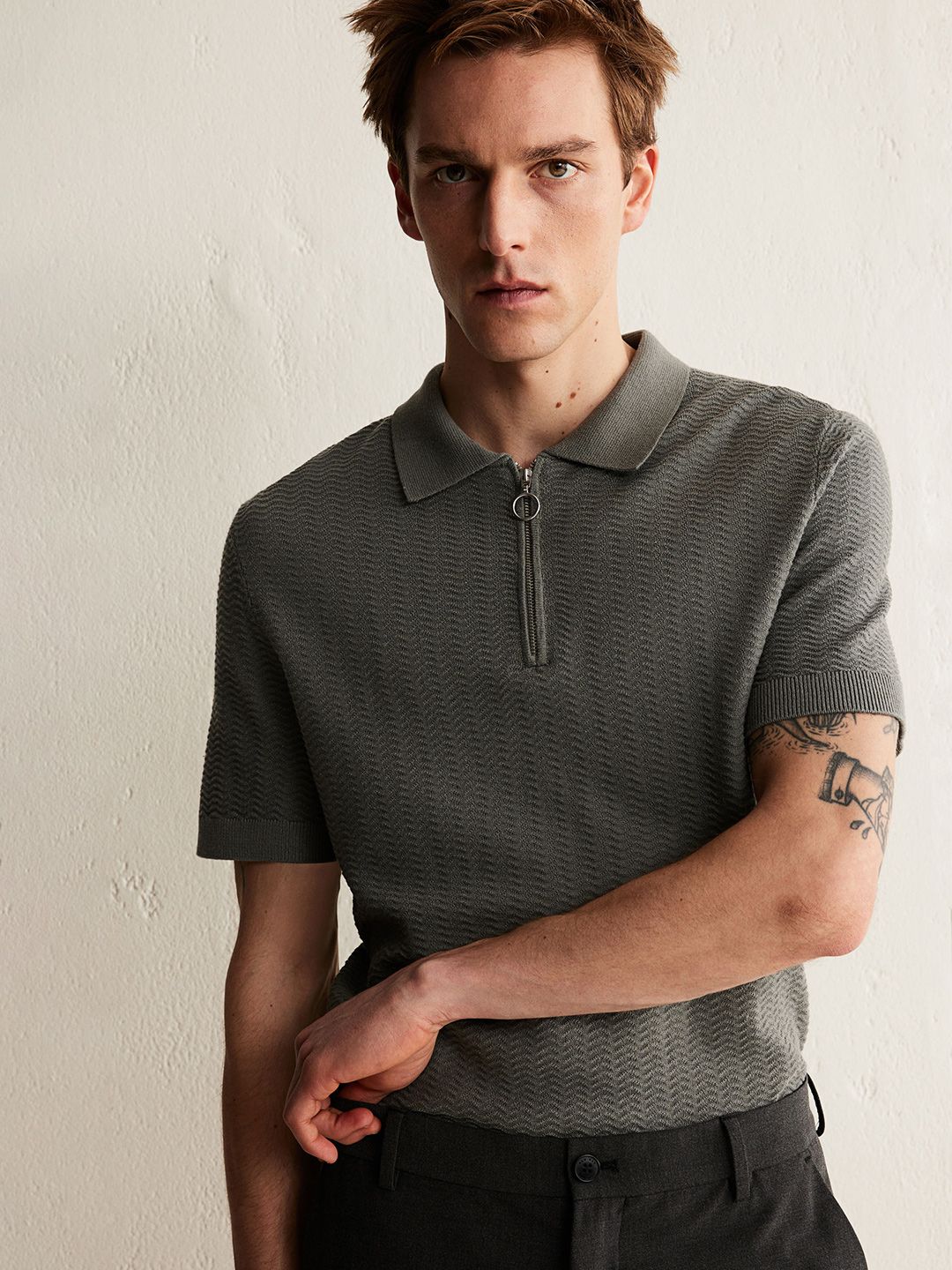 H&M Pure Cotton Slim Fit Textured-Knit Polo T-shirt
