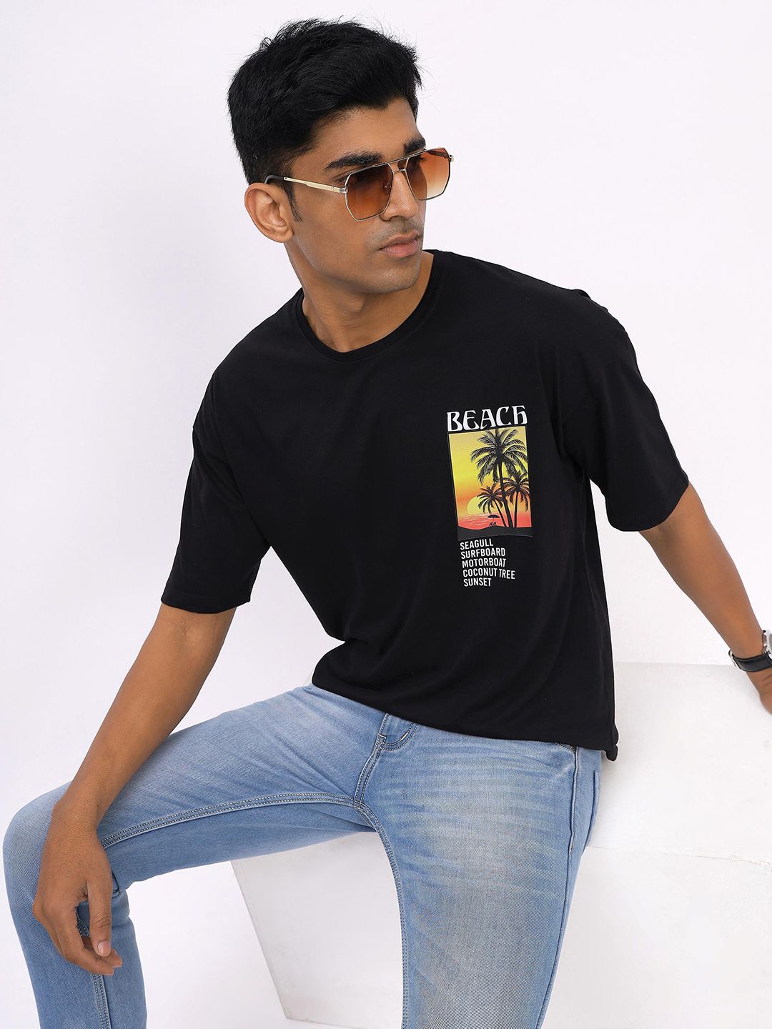 Mast & Harbour Black & White Typography Printed Round Neck Cotton Oversized T-shirt-picture-28