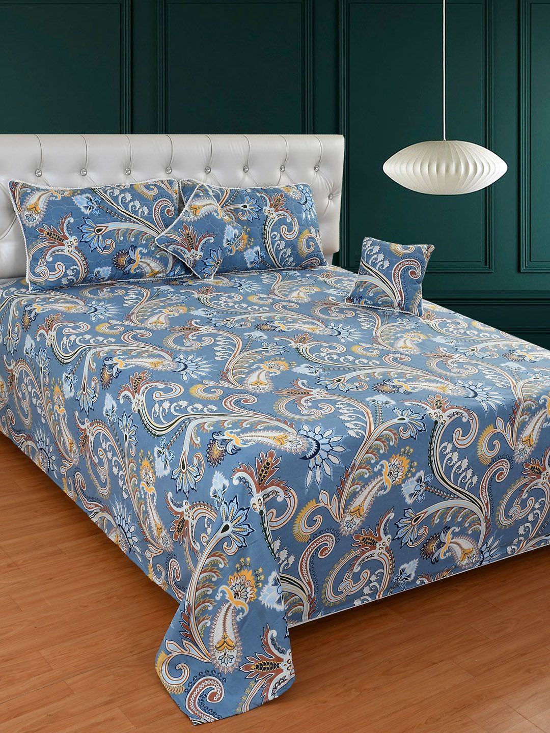 MORADO Blue & Red Ethnic Motifs Polycotton 5 Piece Double King Superfine Bedding Set-image-49