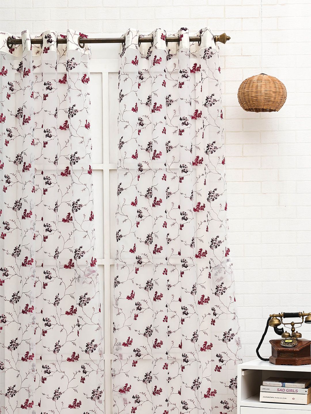 Ariana Burgundy & White Floral Embroidered Sheer Long Door Curtain With Velcro-image-22
