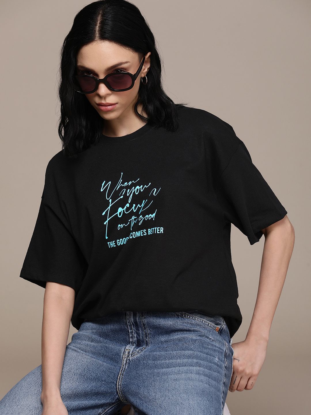 The Roadster Life Co. Printed Drop-Shoulder Sleeves Oversized T-shirt