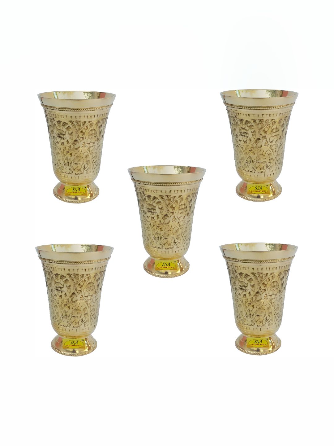 Shivshakti Arts Yellow 5 Pieces Textured Brass Easy To Clean Water Glasses 350 ML-picture-51