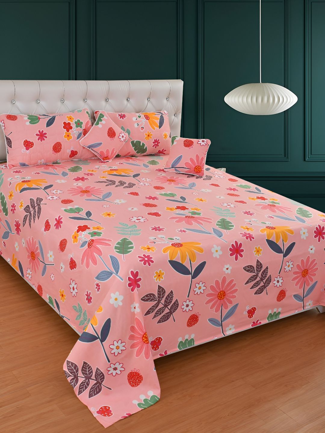 BREVARD Pink Yellow Floral Superfine Double Queen Bedding Set-image-44