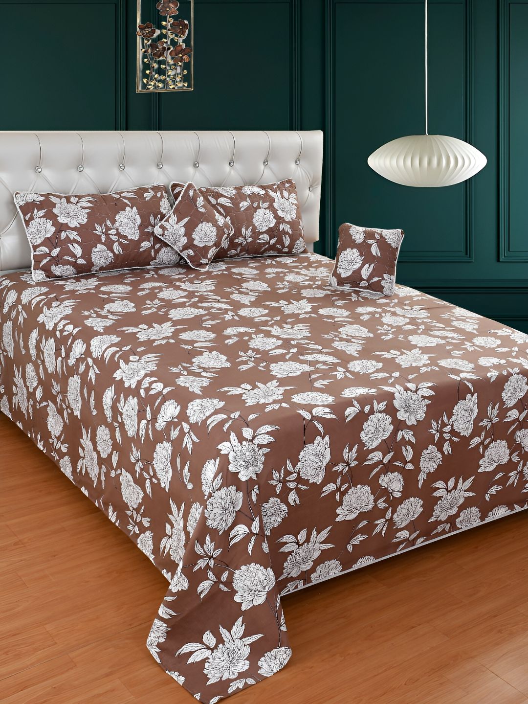 BREVARD Coffee Brown White Floral Superfine Double Queen Bedding Set-image-12