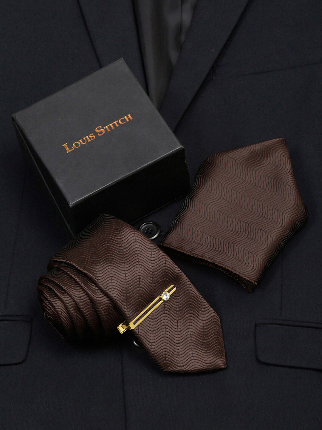 LOUIS STITCH Men Self Designed Italian Silk Necktie Accessory Gift Set-picture-14