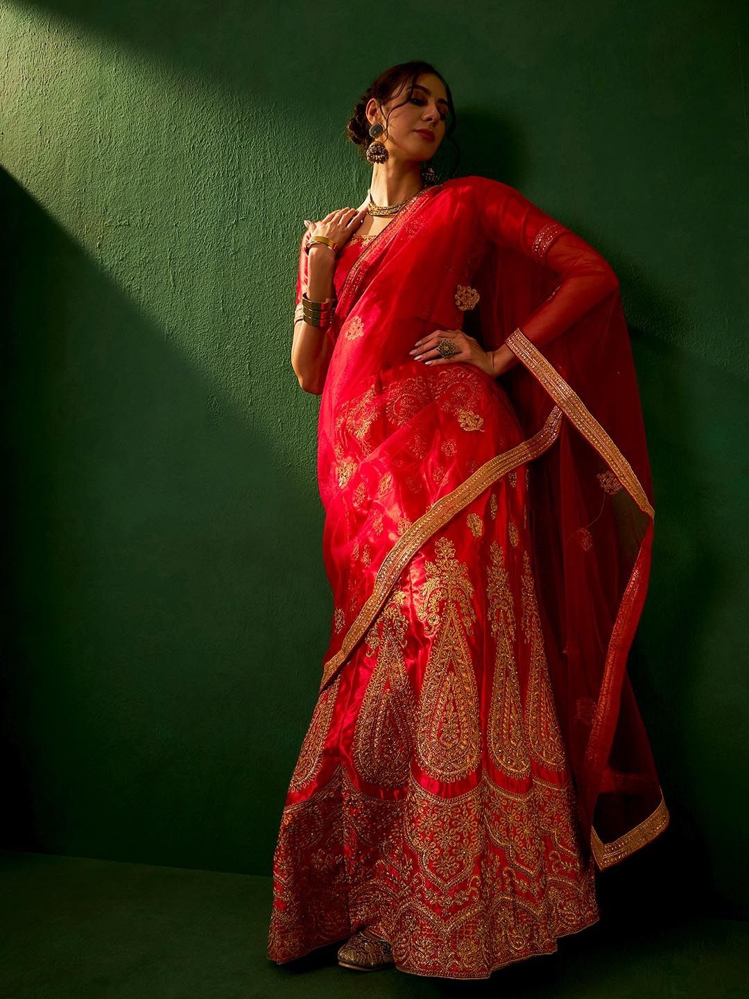 Sangria Red Embroidered Silk Semi-Stitched Lehenga Choli-image-47