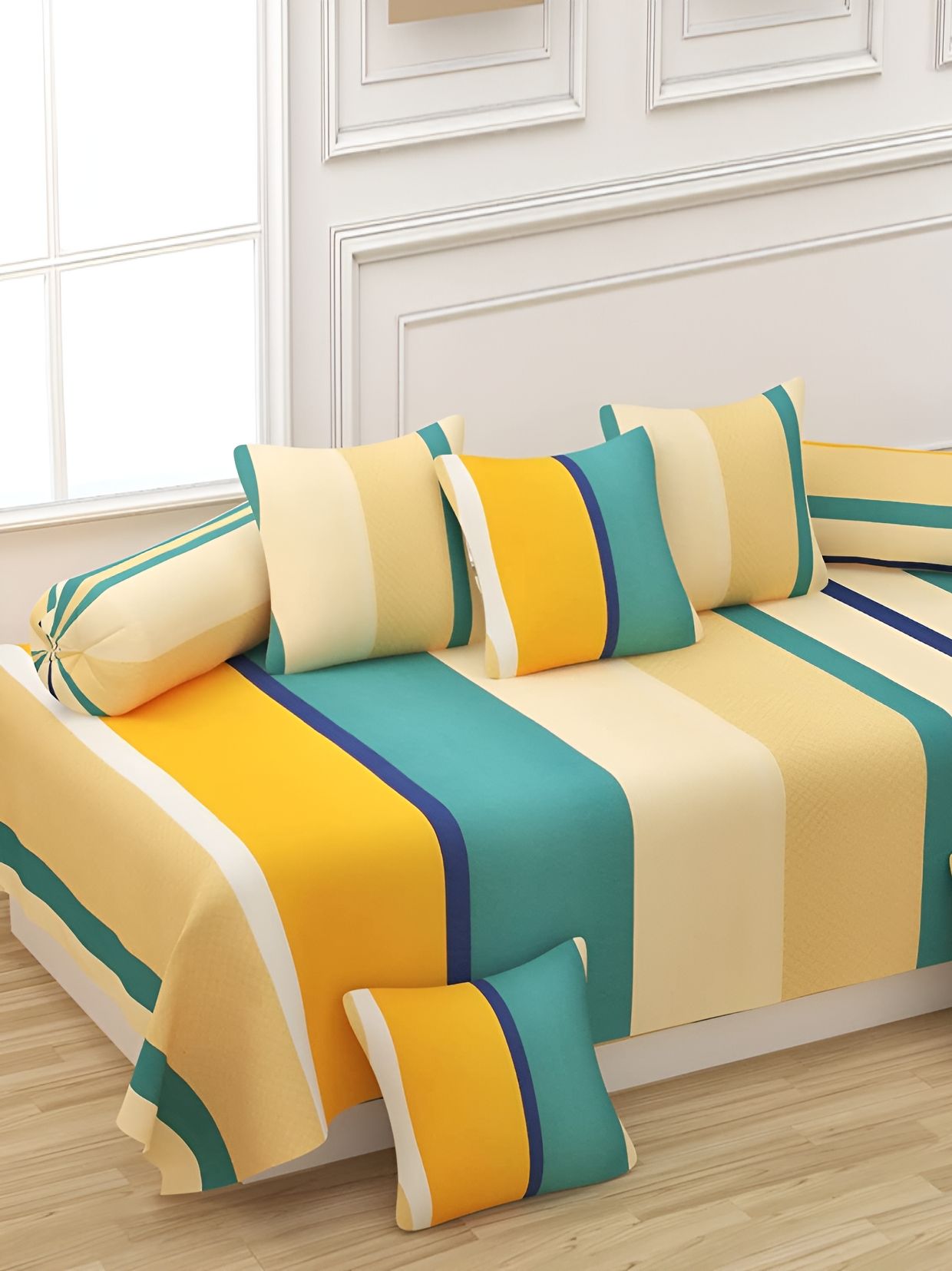 hargunz Yellow 8 Pieces Striped Printed Bedsheet With Bolster Covers & Cushion Covers-image-40