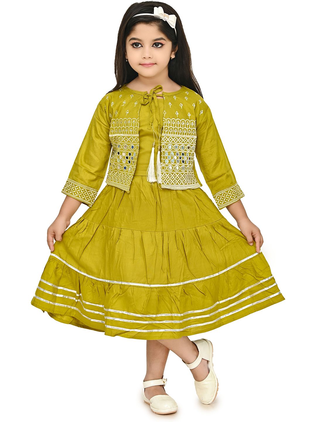 BAESD Girls Ethnic Motifs Printed Round Neck Linen A-Line Midi Dress With Jacket-picture-21