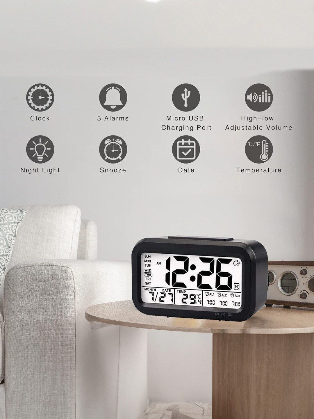 URBANFIX Black & White Digital Contemporary Alarm Clock-image-38