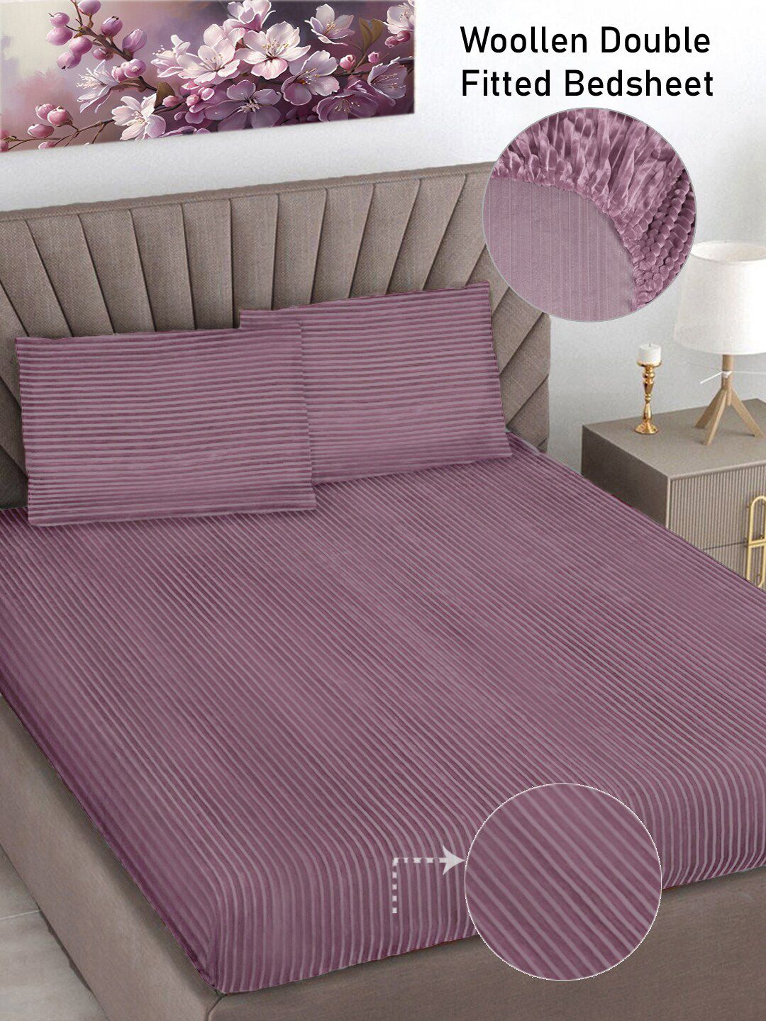 FABINALIV Pink 300 TC King Size Fitted Double Bedsheet With 2 Pillow Covers-image-7