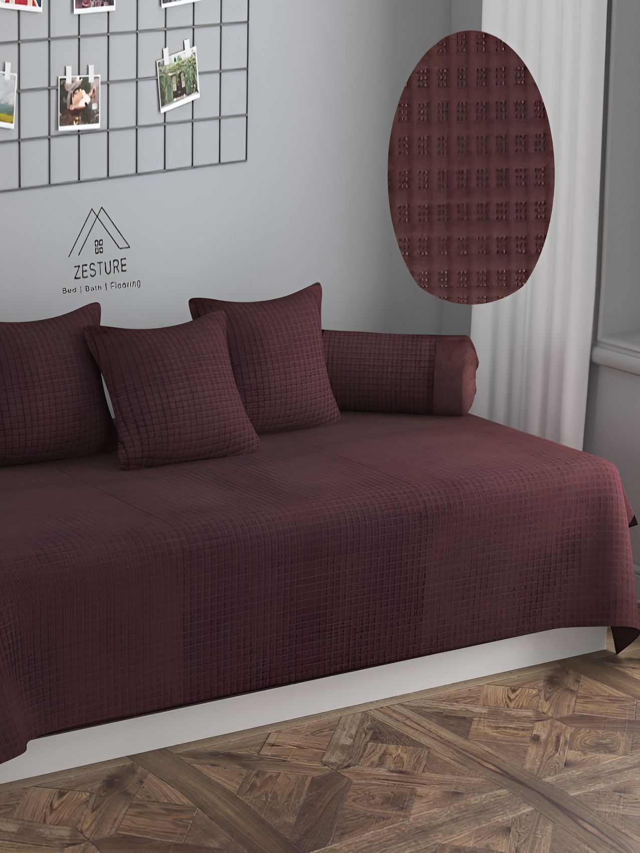 ZESTURE Coffee Brown 6 Pieces Self Design Diwan Set