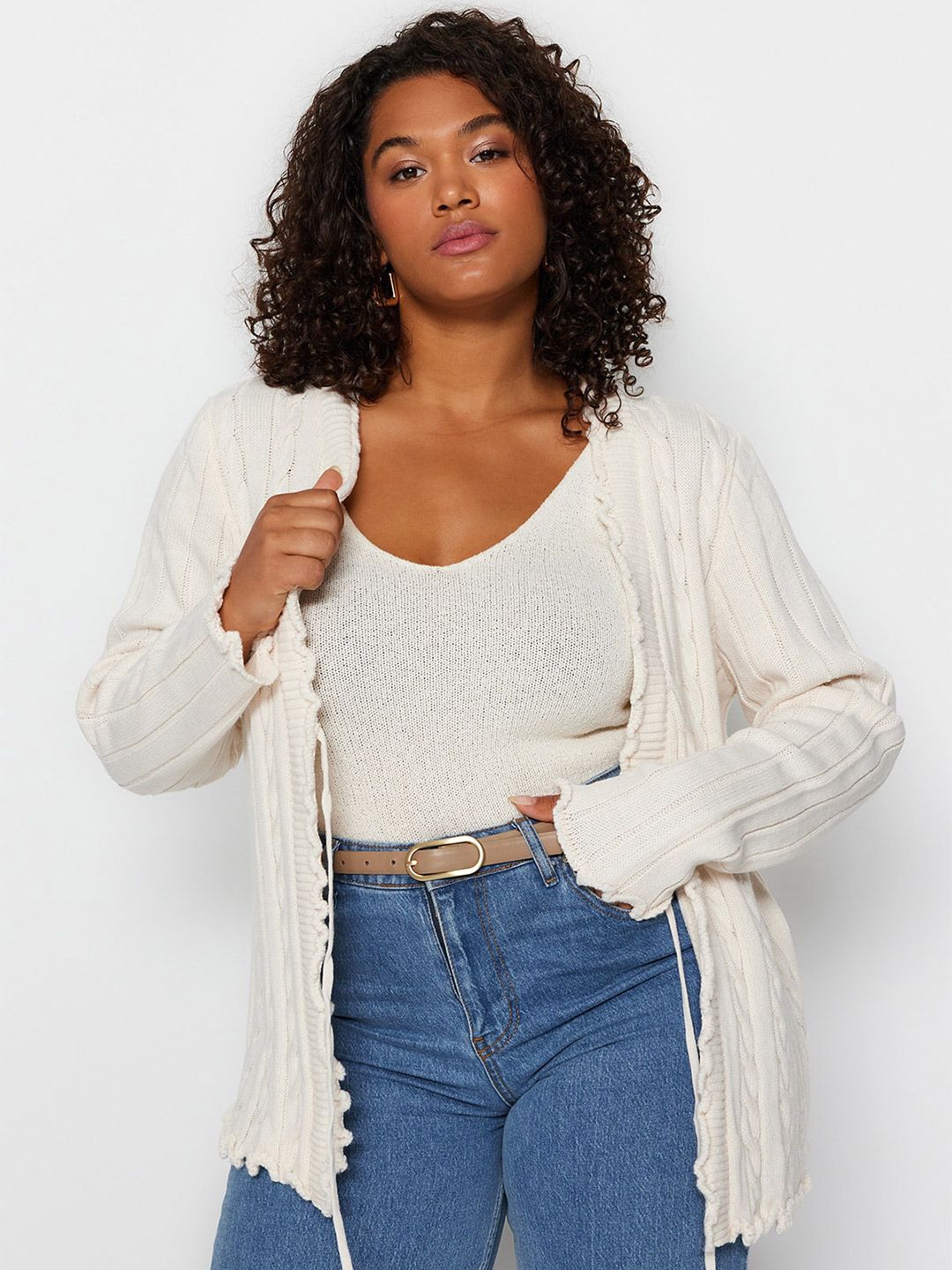 Trendyol Self Design Cable Knit Front-Open Sweaters-picture-15
