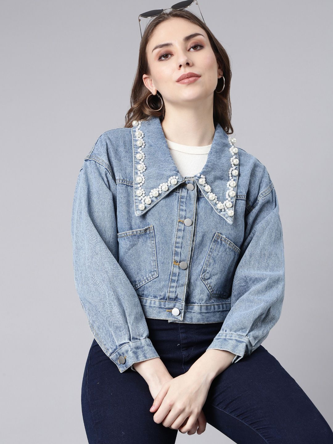SHOWOFF Windcheater Washed Studded Crop Denim Jacket