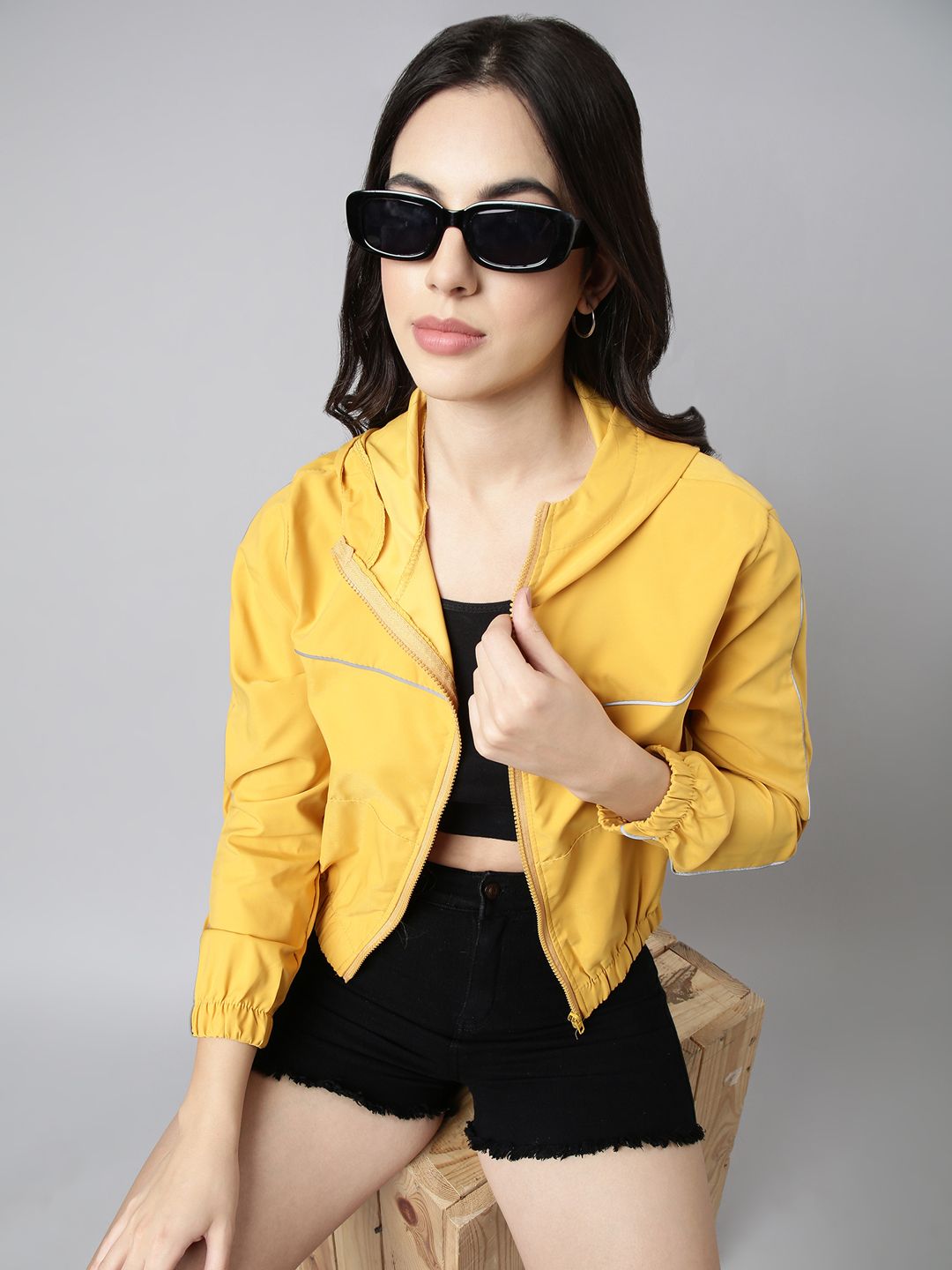 SHOWOFF Windcheater Hooded Crop Bomber Jacket