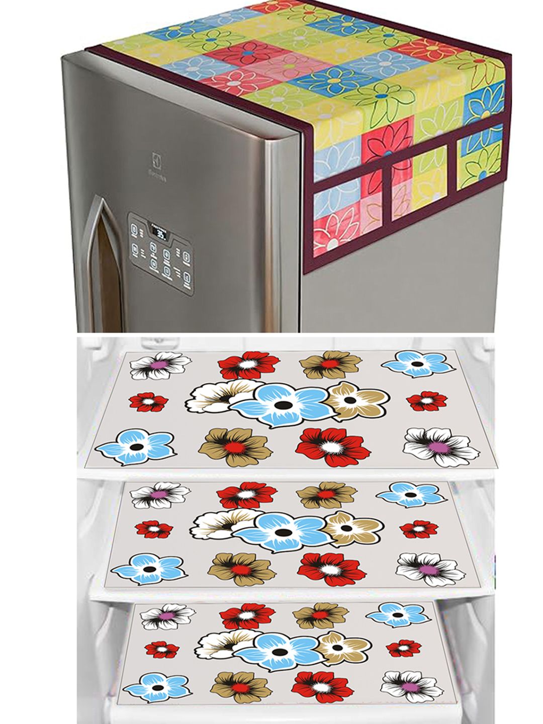 Dakshya Industries Blue &Red 4Pcs Printed Waterproof Fridge Cover With Fridge Mats-image-23