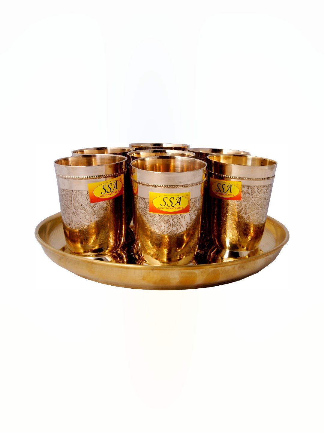 Shivshakti Arts Copper Toned & Yellow 8 Pieces Brass Water or Juice Glass Set-picture-11