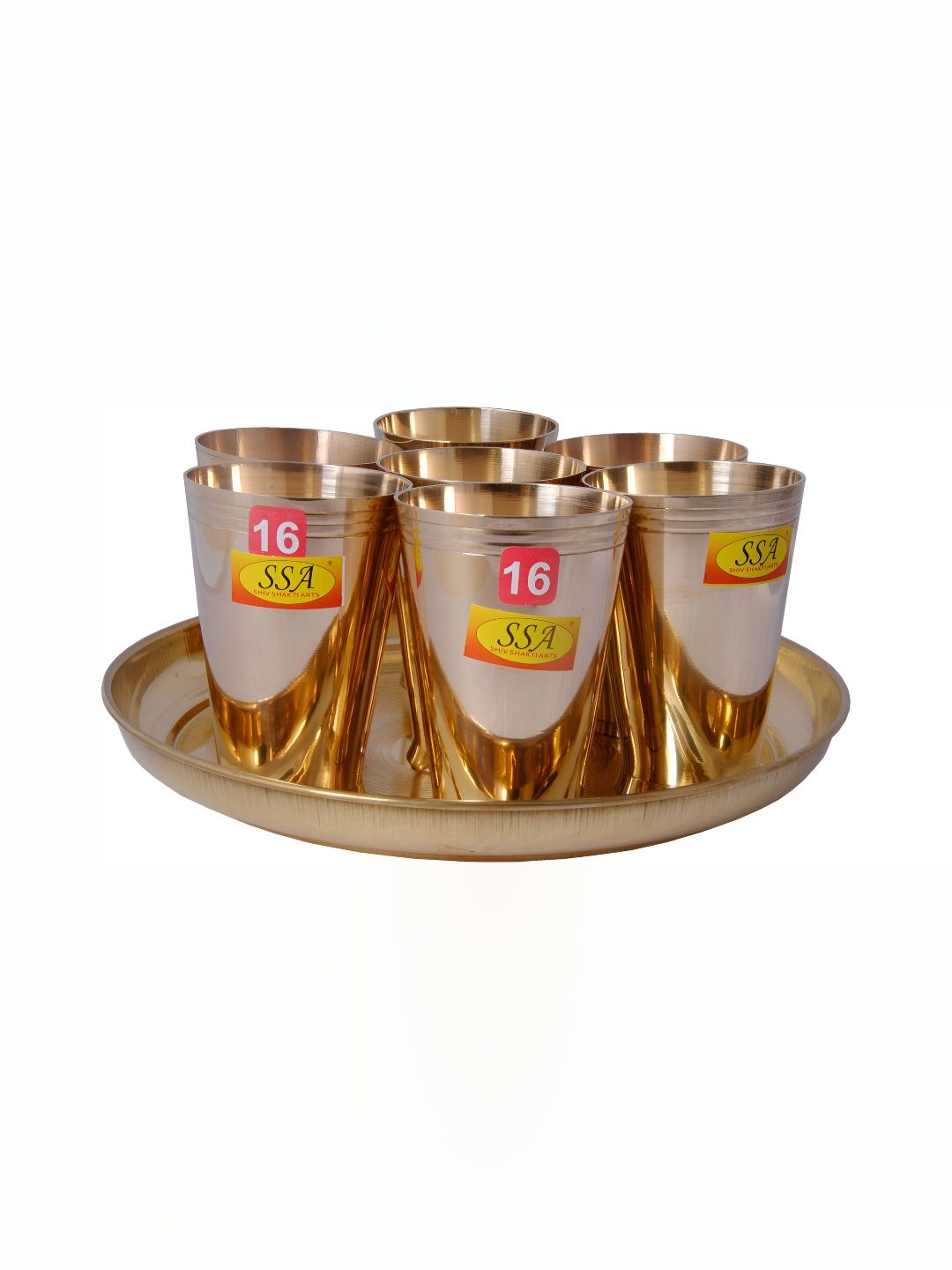 Shivshakti Arts Gold Toned 8 Pieces Brass Water or Juice Glasses With Plate 350 ml-picture-42